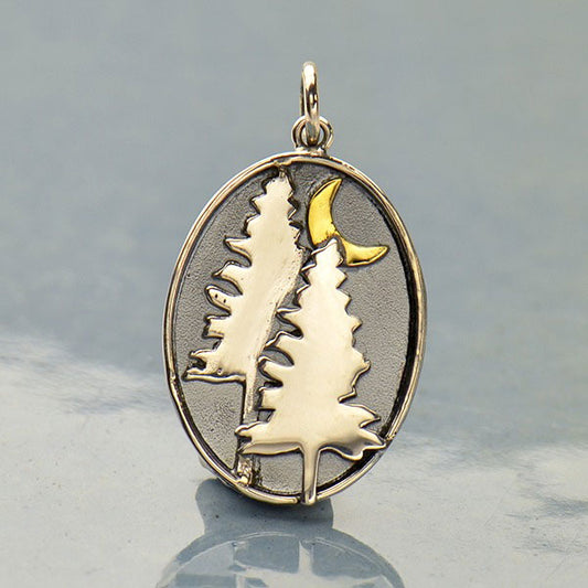 Sterling Silver Pine Tree Charm with Bronze Moon